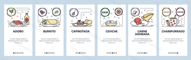Mobilní aplikace onboarding obrazovky. Mexická kuchyně, jídelní lístek, burrito, ceviche. Vektorový banner šablona pro webové stránky a mobilní vývoj. Design webových stránek plochý ilustrace.