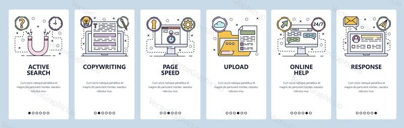 Mobilní aplikace onboarding obrazovky. Nahrávání souborů, copywriting, online chat s podporou, služba nápovědy. Nabídka vektorový banner šablona pro webové stránky a mobilní vývoj. Design webových stránek plochý ilustrace.