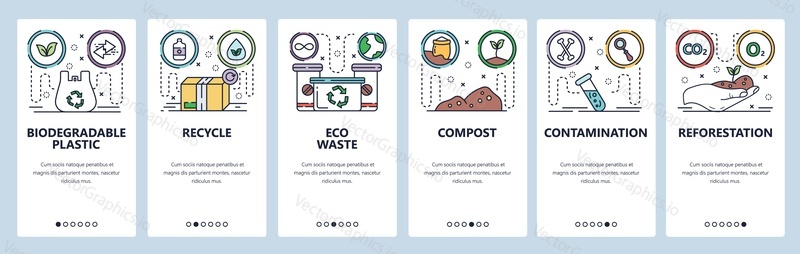 Mobile app onboarding screens. Eco plastic bag, recycle waste, contamination, environment, reforestation. Menu vector banner template for website and mobile development. Web site design flat illustration.