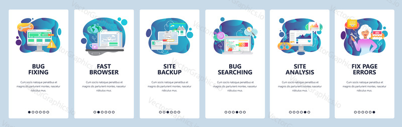 Mobile app onboarding screens. Computer bug fixing and testing, website analysis, backup. Menu vector banner template for website and mobile development. Web site design flat illustration.