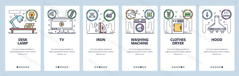 Mobile app onboarding screens. Home appliances, house interior, iron, tv set, desk, washing machine, stove. Menu vector banner template for website and mobile development. Web site design flat illustration