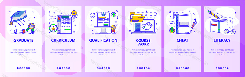 Mobilní aplikace onboarding obrazovky. On-line vzdělávání, maturitní vysvědčení, podvádět na zkoušku. Nabídka vektorový banner šablona pro webové stránky a mobilní vývoj. Design webových stránek plochý ilustrace.