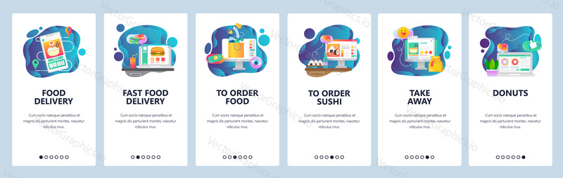 Mobile app onboarding screens. Food delivery, order grocery in online store. Menu vector banner template for website and mobile development. Web site design flat illustration