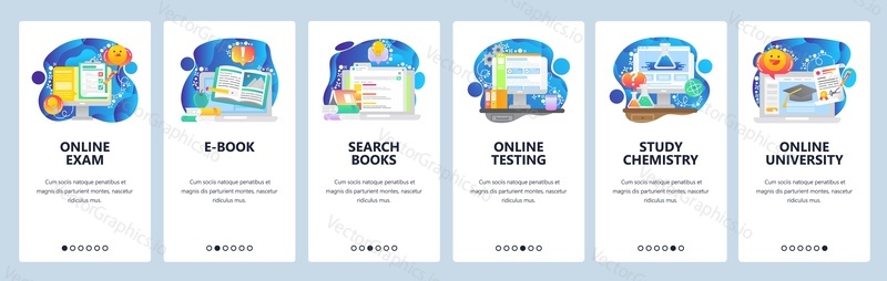 Mobilní aplikace onboarding obrazovky. Online vzdělávání, digitální knihovna, vyhledávací knihy, studium vědy, chemie. Nabídka vektorový banner šablona pro webové stránky a mobilní vývoj. Design webových stránek plochý ilustrace.