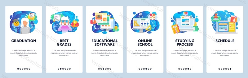 Mobilní aplikace onboarding obrazovky. Online škola, vysokoškolský student, rozvrh kurzu, studium, promoce. Nabídka vektorový banner šablona pro webové stránky a mobilní vývoj. Web design ploché ilustrace