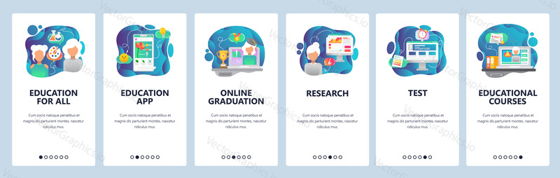 Mobilní aplikace onboarding obrazovky. Online vzdělávání, promoce a kurzy. Nabídka vektorový banner šablona pro webové stránky a mobilní vývoj. Design webových stránek plochý ilustrace.