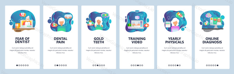 Mobilní aplikace onboarding obrazovky. Zubní péče a ošetření zubů, strach, zubní lékař, klinika. Nabídka vektorový banner šablona pro webové stránky a mobilní vývoj. Design webových stránek plochý ilustrace.