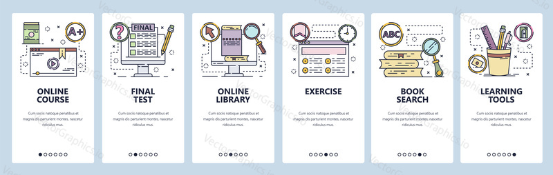 Mobilní aplikace onboarding obrazovky. Online vzdělávání, kurzy, škola, knihovna knih.. Nabídka vektorový banner šablona pro webové stránky a mobilní vývoj. Design webových stránek plochý ilustrace.