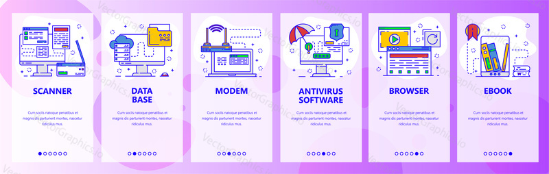 Mobile app onboarding screens. Computer hardware, router, printer, antivirus software. Menu vector banner template for website and mobile development. Web site design flat illustration.