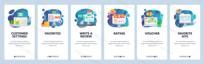 Mobile app onboarding screens. Online shopping, customer review, promotion voucher. Menu vector banner template for website and mobile development. Web site design flat illustration.