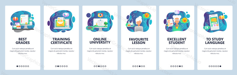 Mobilní aplikace onboarding obrazovky. Online vzdělávání a digitální univerzita, školení a osvědčení. Nabídka vektorový banner šablona pro webové stránky a mobilní vývoj. Design webových stránek plochý ilustrace.