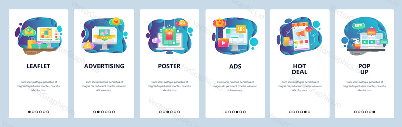 Mobilní aplikace onboarding obrazovky. Online nakupování, prodej a propagace, hot deal a reklama. Nabídka vektorový banner šablona pro webové stránky a mobilní vývoj. Web design ploché ilustrace