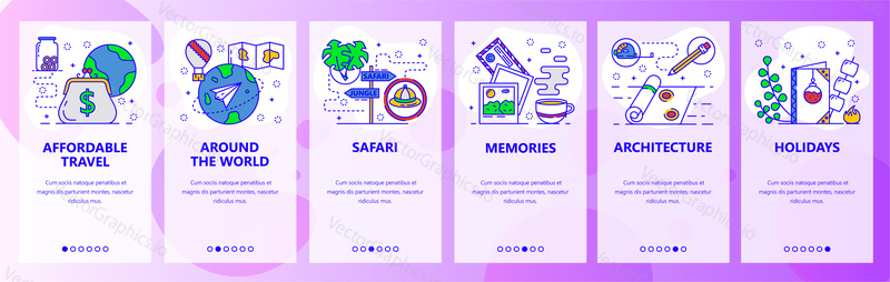 Mobile app onboarding screens. Travel around the world, safari, trip on a budget. Menu vector banner template for website and mobile development. Web site design flat illustration.