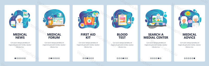 Mobile app onboarding screens. Medical doctor prescription, hospital and clinic building, first aid kit, medicine news. Menu vector banner template for website and mobile development. Web site design flat illustration.