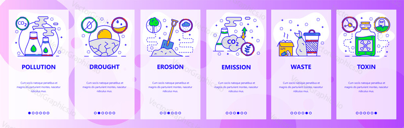 Mobilní aplikace onboarding obrazovky. Znečištění země, Globální oteplování a změna klimatu, emise plynu, odpad. Nabídka vektorový banner šablona pro webové stránky a mobilní vývoj. Design webových stránek plochý ilustrace.