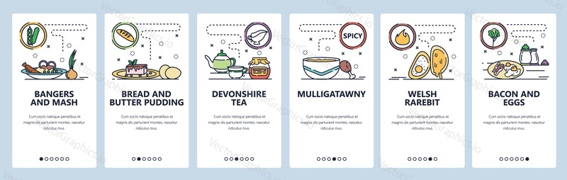 Mobile app onboarding screens. English and indian cuisine, international food, welsh meal. Menu vector banner template for website and mobile development. Web site design flat illustration.