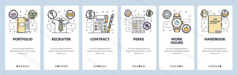 Mobile app onboarding screens. Employment, HR recruiter, cintract. job offer, working hours. Menu vector banner template for website and mobile development. Web site design flat illustration.