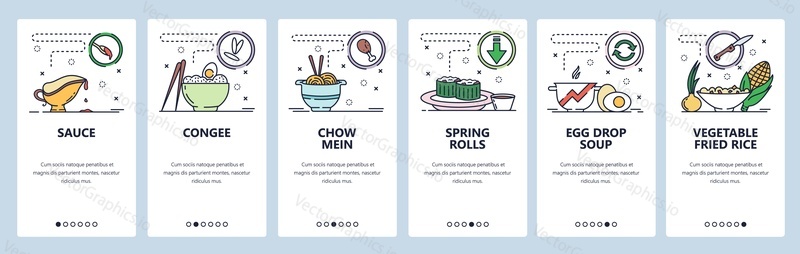 Mobile app onboarding screens. Asian and thai cuisine, cognee, spring rolls, fried rice. Menu vector banner template for website and mobile development. Web site design flat illustration.
