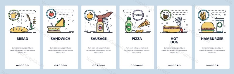 Mobile app onboarding screens. Fast food restaurant menu, sandwich, pizza, hot dog, hamburger. Vector banner template for website and mobile development. Web site design flat illustration.
