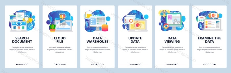Mobilní aplikace onboarding obrazovky. Technologie datové vědy, cloudové úložiště, aktualizace, vyhledávání. Nabídka vektorový banner šablona pro webové stránky a mobilní vývoj. Design webových stránek plochý ilustrace.