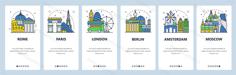 Mobile app onboarding screens. World capitals landmarks, travel destinations icons. Menu vector banner template for website and mobile development. Web site design flat illustration.