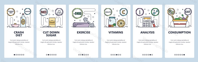 Mobile app onboarding screens. Healthy lifestyle, exercise, vitamins, crash diet, vitamins. Menu vector banner template for website and mobile development. Web site design flat illustration.