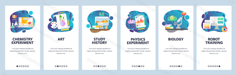 Mobilní aplikace onboarding obrazovky. Předměty školního vzdělávání, Chemie, Fyzika, Historie, Umění, Biologie. Nabídka vektorový banner šablona pro webové stránky a mobilní vývoj. Web design ploché ilustrace
