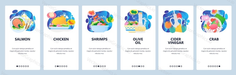 Mobile app onboarding screens. Seafood restaurant menu, lunch meal, salmon, crab, shrimps. Vector banner template for website and mobile development. Web site design flat illustration