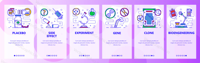 Mobile app onboarding screens. Bioengeneering and genetic science, placebo and medical drugs. Menu vector banner template for website and mobile development. Web site design flat illustration.