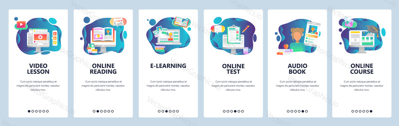 Mobilní aplikace onboarding obrazovky. Online vzdělávání a internetové video tutoriály, zvukové knihy a online kurzy. Nabídka vektorový banner šablona pro webové stránky a mobilní vývoj. Design webových stránek plochý ilustrace.