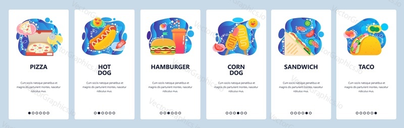 Mobile app onboarding screens. Fast food restaurant menu, pizza box, hot dog, sandwich, taco, burger. Menu vector banner template for website and mobile development. Web site design flat illustration.