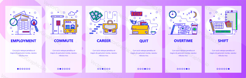 Mobile app onboarding screens. Job career, employment, career ladder, overtime and work shift. Menu vector banner template for website and mobile development. Web site design flat illustration.
