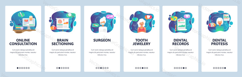 Mobile app onboarding screens. Surgeon doctor, online medical help, dental records . Menu vector banner template for website and mobile development. Web site design flat illustration.