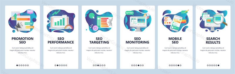 Экраны загрузки мобильных приложений. SEO-оптимизация и цифровой интернет-маркетинг. Шаблон векторного баннера меню для разработки веб-сайтов и мобильных устройств. Дизайн веб-сайта плоская иллюстрация