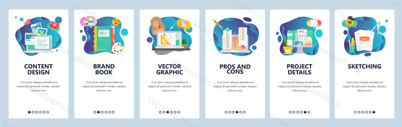 Mobilní aplikace onboarding obrazovky. Umění, design a digitální ilustrace. Obsah, blog, skicování, kreslení. Nabídka vektorový banner šablona pro webové stránky a mobilní vývoj. Web design ploché ilustrace