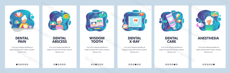 Mobilní aplikace onboarding obrazovky. Léčba zubní kliniky, bolest zubů, rentgen, zub moudrosti. Nabídka vektorový banner šablona pro webové stránky a mobilní vývoj. Design webových stránek plochý ilustrace.