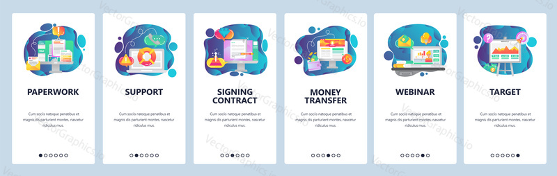 Mobile app onboarding screens. Office paperwork, business webinar, sign contract. Menu vector banner template for website and mobile development. Web site design flat illustration