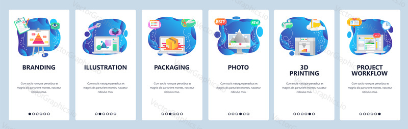 Onboarding for web site and mobile app. Menu banner vector template website and application development. Branding, Illustration, Packaging, Photo, 3d printing, Project workflow walkthrough screens.