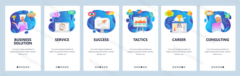 Obchodní řešení, poradenství, úspěch služby webové stránky a mobilní aplikace onboarding obrazovek. Menu banner vektorová šablona pro vývoj webových stránek a aplikací.