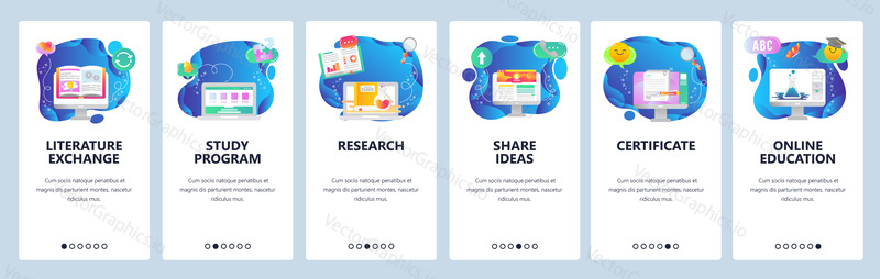 Online learning web site and mobile app onboarding screens. Menu banner vector template for internet courses website and application development.