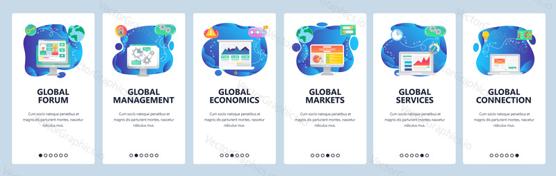 Onboarding pro webové stránky a mobilní aplikace. Menu banner vektorová šablona pro vývoj webových stránek a aplikací. Globální fórum, řízení, ekonomika, trhy, služby a návody k připojení.
