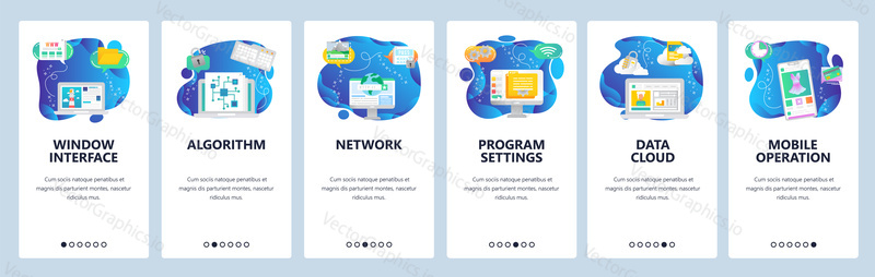 Onboarding for web site and mobile app. Menu banner vector template for website and application development. Window interface, Algorithm Network, Program settings, Data cloud, Mobile operation screens