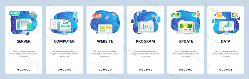 Onboarding pro webové stránky a mobilní aplikace. Menu banner vektorová šablona pro vývoj webových stránek a aplikací. Server, počítač, webové stránky, Program, aktualizace, datové průchozí obrazovky.