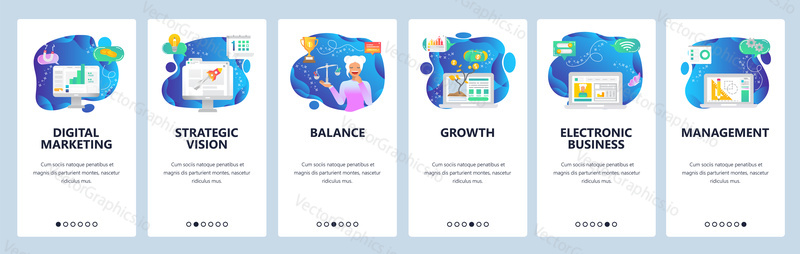 Onboarding pro webové stránky a mobilní aplikace. Menu banner vektorová šablona pro vývoj webových stránek a aplikací. Digitální marketing, strategická vize, rovnováha, růst, E-business, obrazovky řízení.