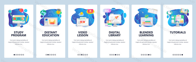 Onboarding pro webové stránky a mobilní aplikace. Menu banner vektorová šablona pro vývoj webových stránek a aplikací. Studijní program, vzdálené vzdělávání, Video lekce, Digitální knihovna, smíšené výukové obrazovky.