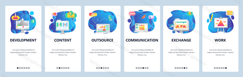 Onboarding pro webové stránky a mobilní aplikace. Menu banner vektorová šablona pro vývoj webových stránek a aplikací. Vývoj, obsah, outsourcing, komunikace, výměna, pracovní průchozí obrazovky.