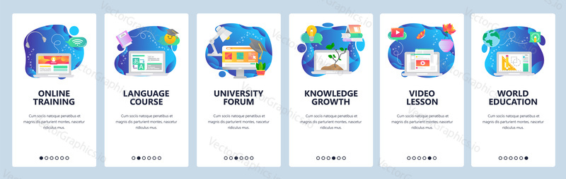 Online training, language courses web site and mobile app onboarding screens. Menu banner vector template for website and application development.
