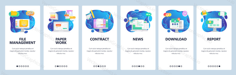 Onboarding for web site and mobile app. Menu banner vector template for website and application development. File management, Paper work, Contract, News, Download, Report walkthrough screens.