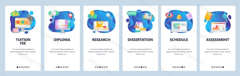 Onboarding for web site and mobile app. Menu banner vector template for website and application development. Tuition fee, Diploma, Research, Dissertation, Schedule, Assessment walkthrough screens.