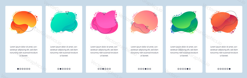 Website and mobile app onboarding screens. Menu banner vector template for web site and application development with trendy pink green orange and other color gradient dynamic liquid abstract shapes